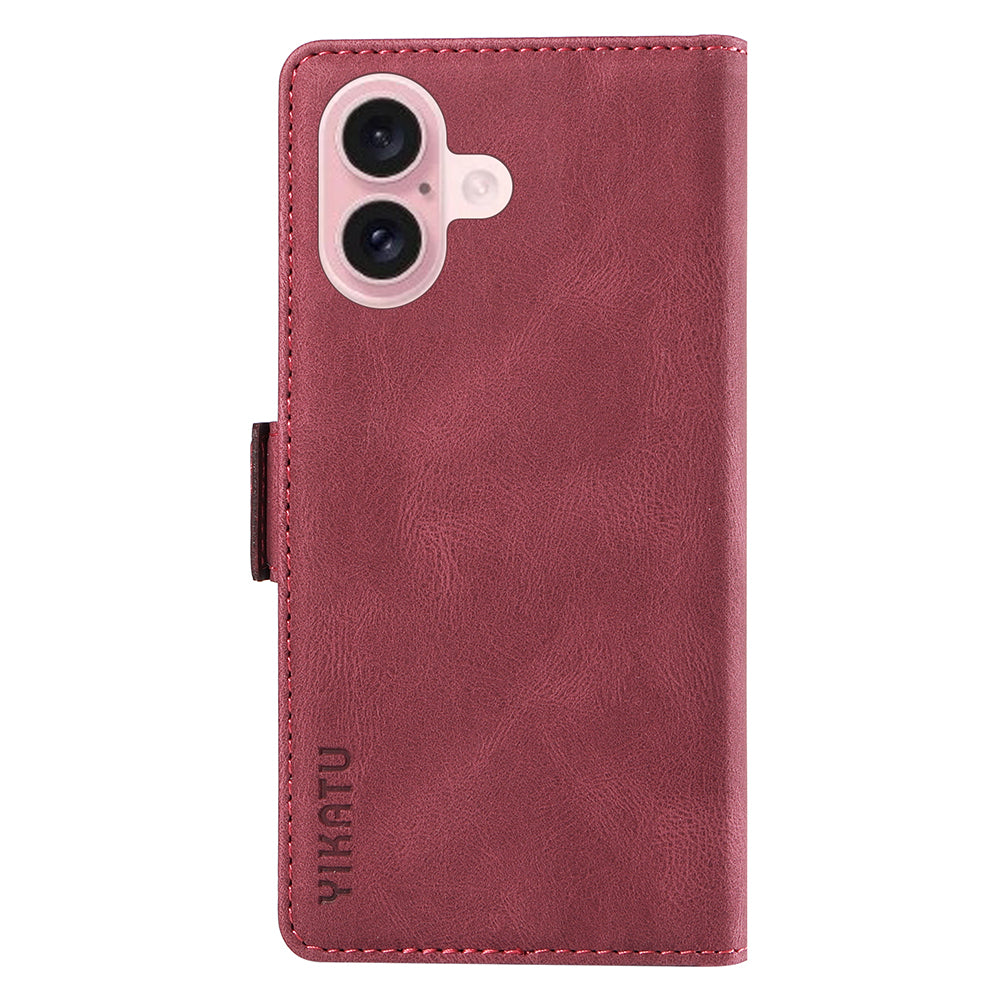 YIKATU YK-005 For iPhone 16 Case PU Leather Wallet Phone Cover Skin-Touch Feeling - Wine Red