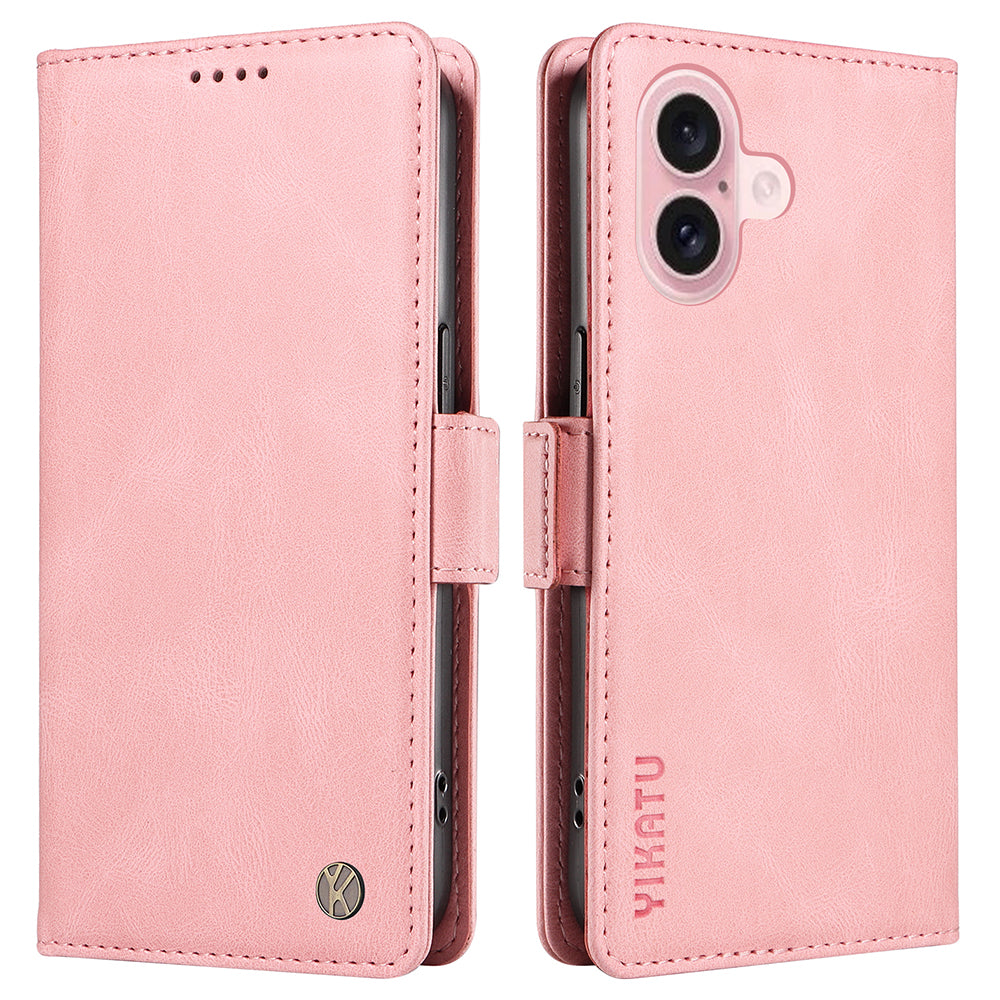 YIKATU YK-005 For iPhone 16 Case PU Leather Wallet Phone Cover Skin-Touch Feeling - Pink