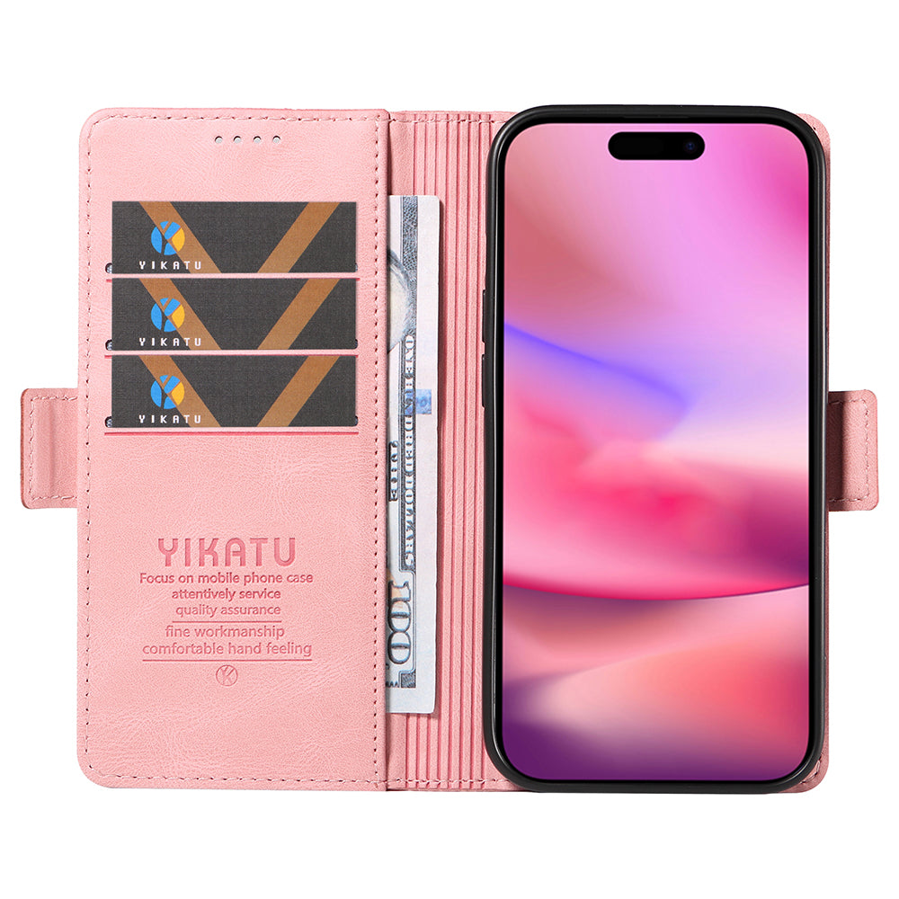 YIKATU YK-005 For iPhone 16 Case PU Leather Wallet Phone Cover Skin-Touch Feeling - Pink