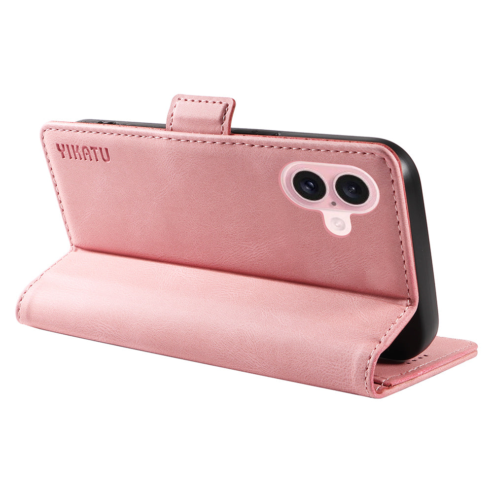 YIKATU YK-005 For iPhone 16 Case PU Leather Wallet Phone Cover Skin-Touch Feeling - Pink