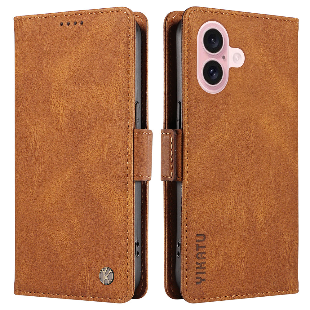 YIKATU YK-005 For iPhone 16 Case PU Leather Wallet Phone Cover Skin-Touch Feeling - Brown