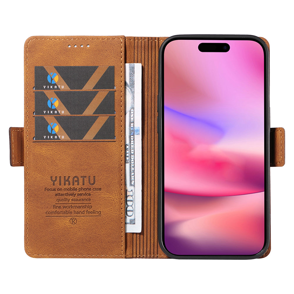 YIKATU YK-005 For iPhone 16 Case PU Leather Wallet Phone Cover Skin-Touch Feeling - Brown