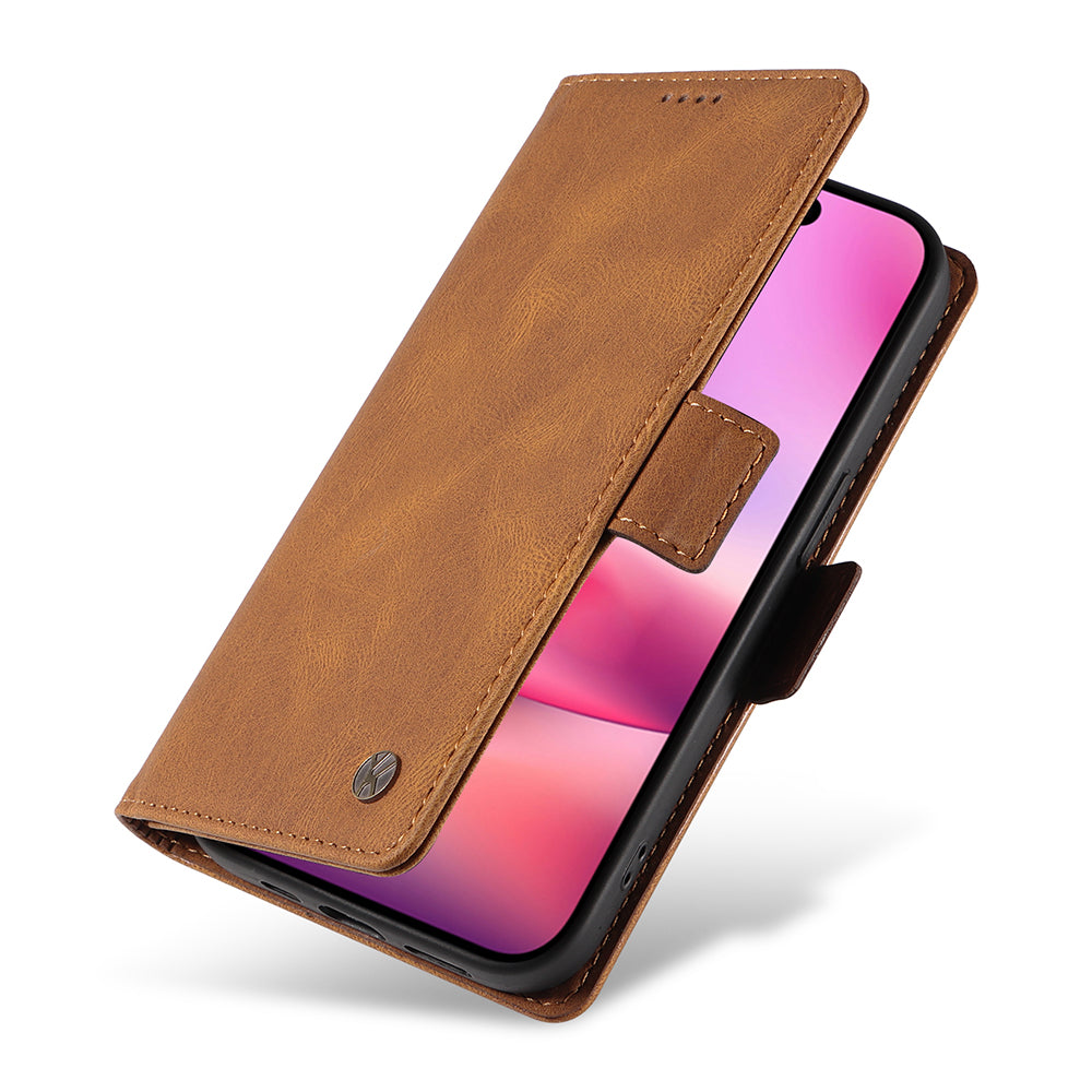 YIKATU YK-005 For iPhone 16 Case PU Leather Wallet Phone Cover Skin-Touch Feeling - Brown