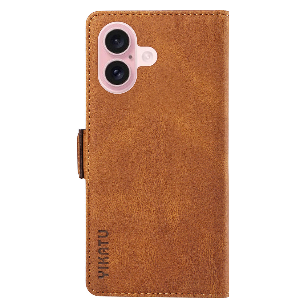 YIKATU YK-005 For iPhone 16 Case PU Leather Wallet Phone Cover Skin-Touch Feeling - Brown