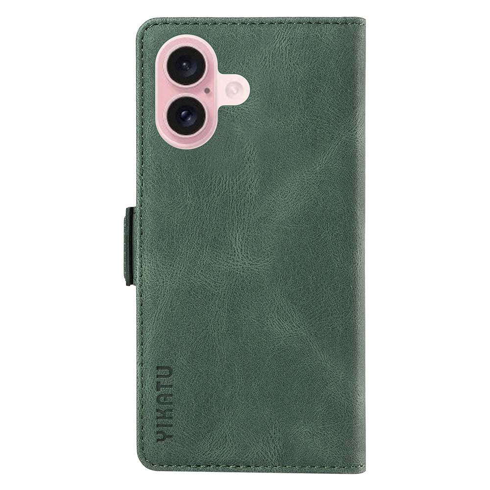 YIKATU YK-005 For iPhone 16 Case PU Leather Wallet Phone Cover Skin-Touch Feeling - Green