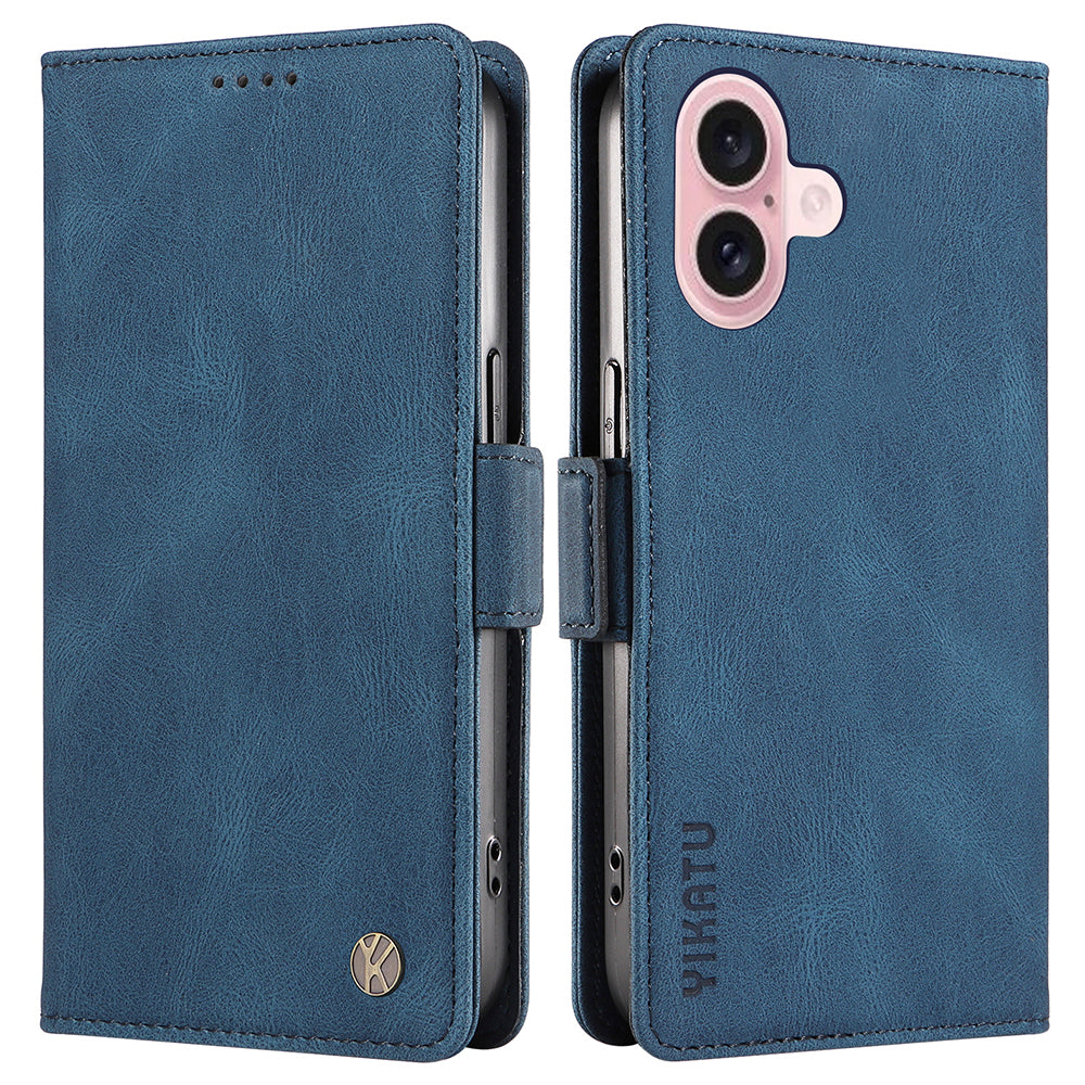 YIKATU YK-005 For iPhone 16 Case PU Leather Wallet Phone Cover Skin-Touch Feeling - Blue