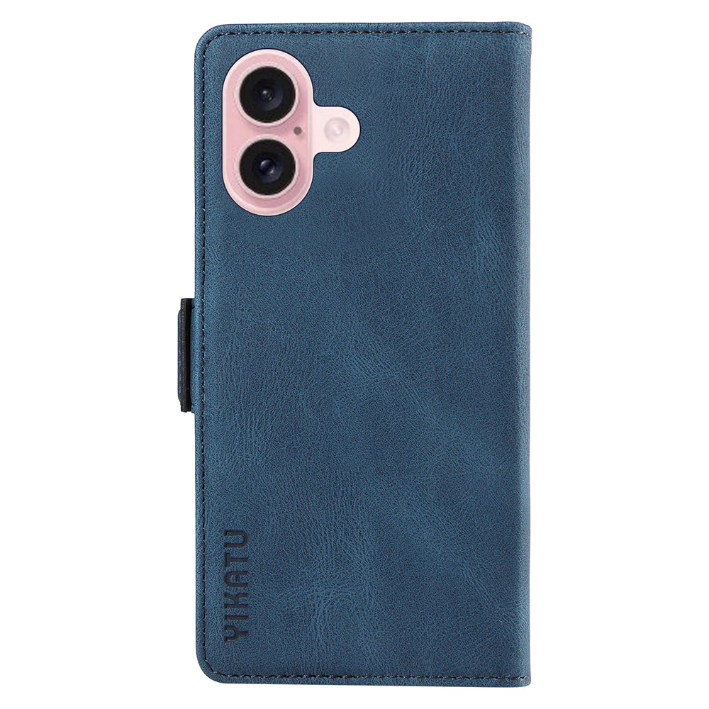 YIKATU YK-005 For iPhone 16 Case PU Leather Wallet Phone Cover Skin-Touch Feeling - Blue