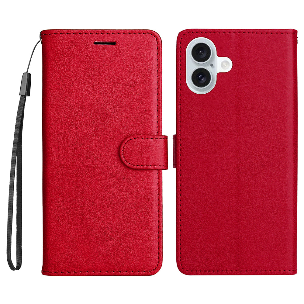 KT Leather Series-2 for iPhone 16 Plus Leather Case with Hand Strap Solid Color Phone Cover - Red