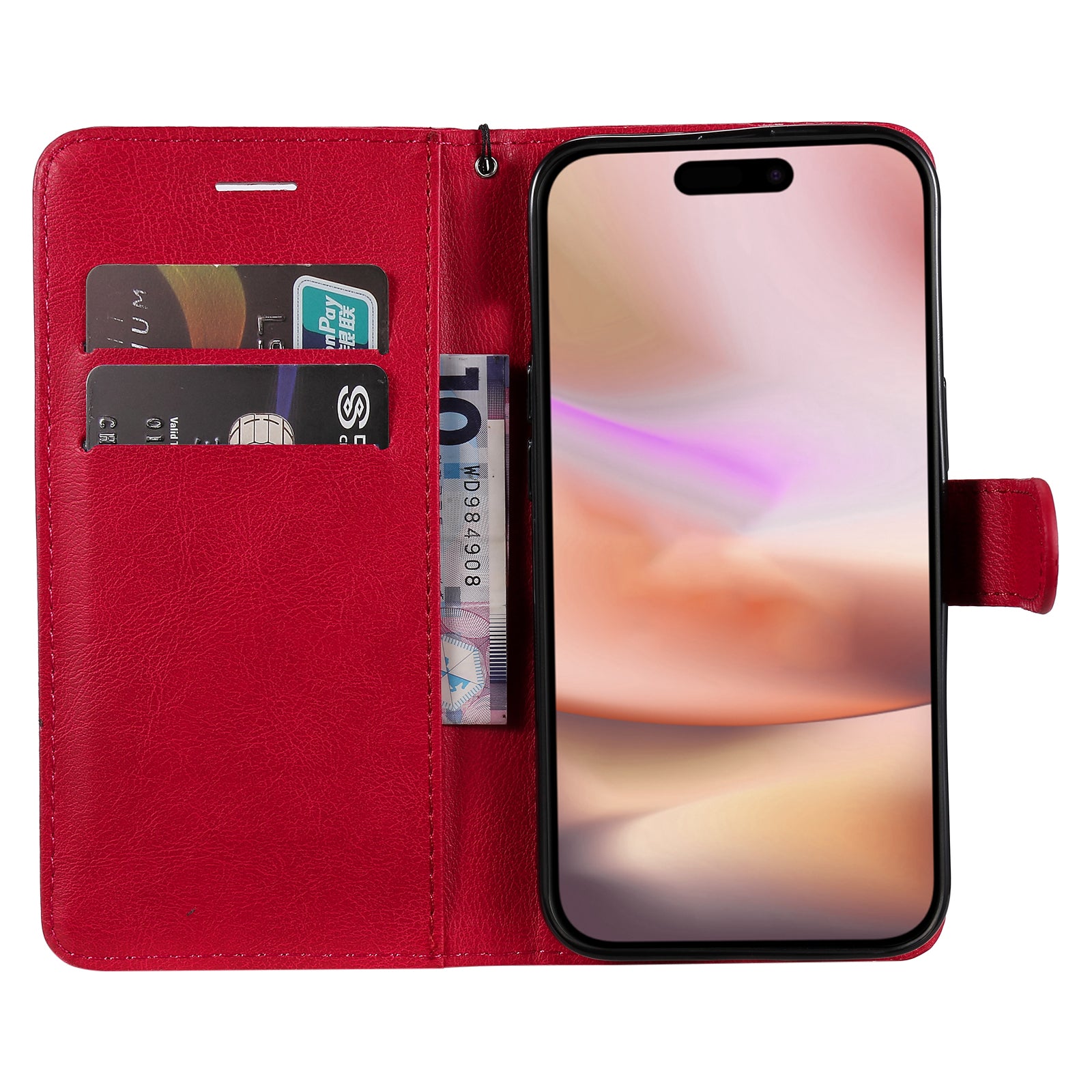 KT Leather Series-2 for iPhone 16 Plus Leather Case with Hand Strap Solid Color Phone Cover - Red