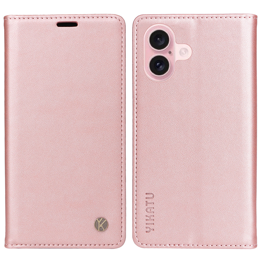 YIKATU YK-001 For iPhone 16 Case PU Leather Stand Wallet Protective Phone Cover - Rose Gold