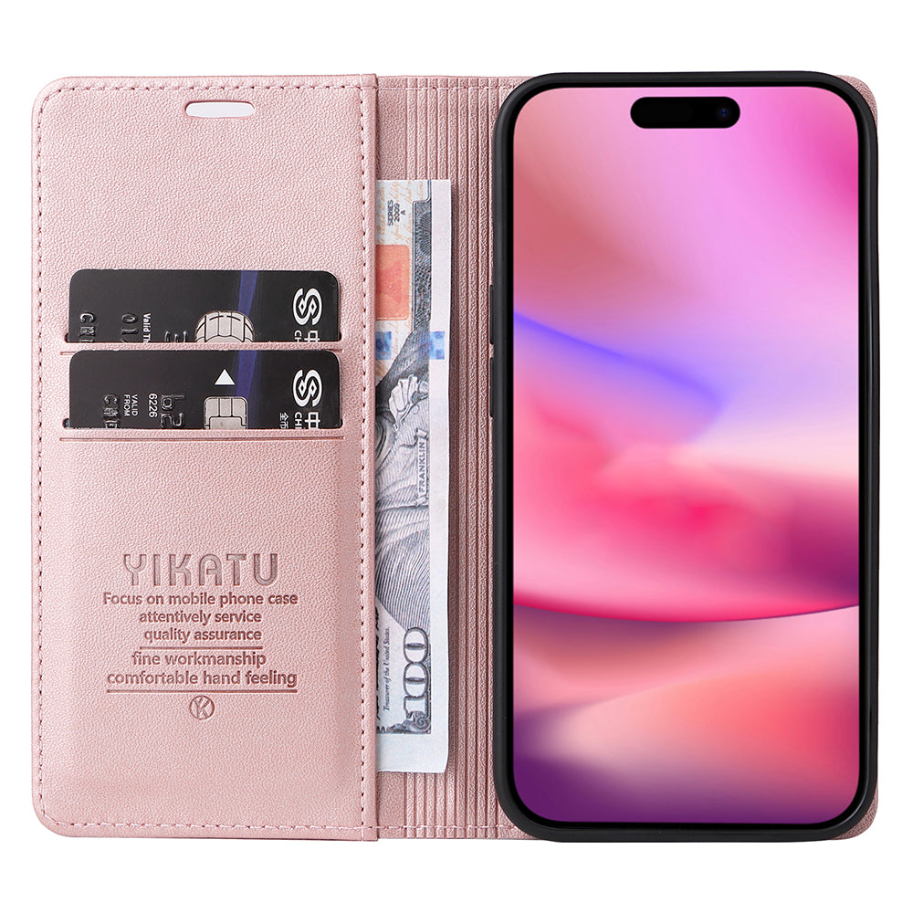 YIKATU YK-001 For iPhone 16 Case PU Leather Stand Wallet Protective Phone Cover - Rose Gold