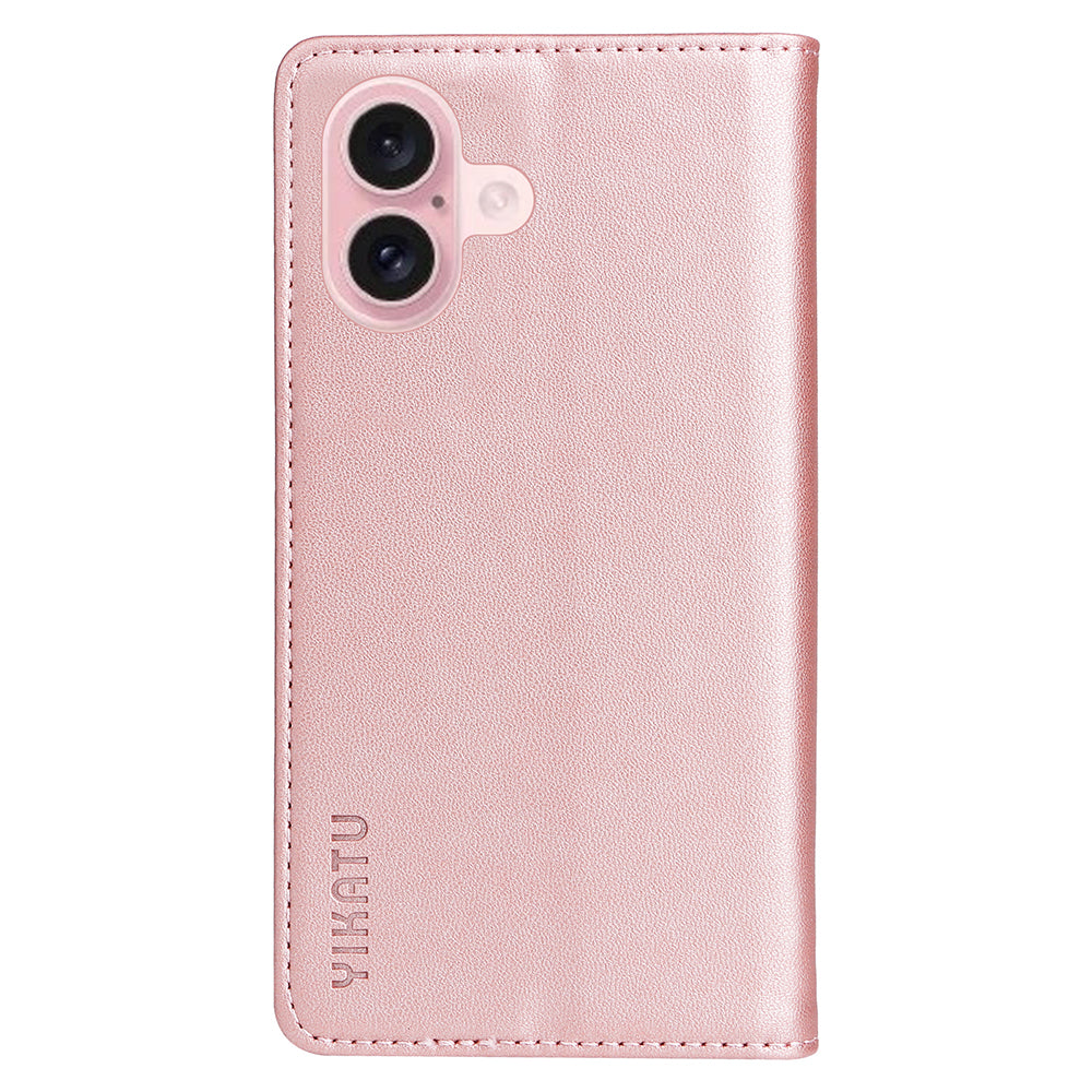 YIKATU YK-001 For iPhone 16 Case PU Leather Stand Wallet Protective Phone Cover - Rose Gold