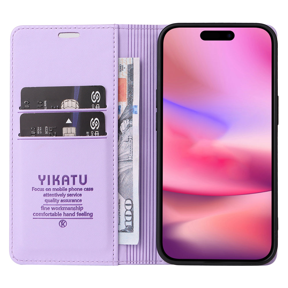 YIKATU YK-001 For iPhone 16 Case PU Leather Stand Wallet Protective Phone Cover - Light Purple