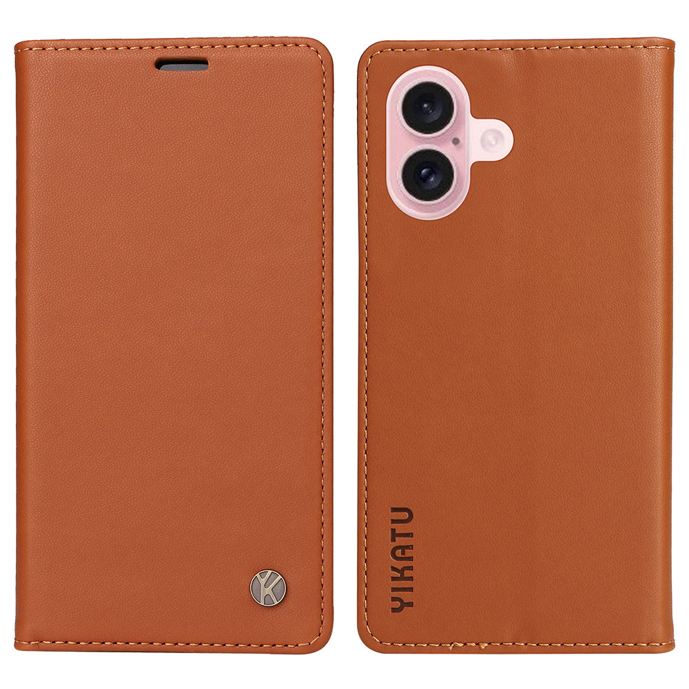 YIKATU YK-001 For iPhone 16 Case PU Leather Stand Wallet Protective Phone Cover - Brown