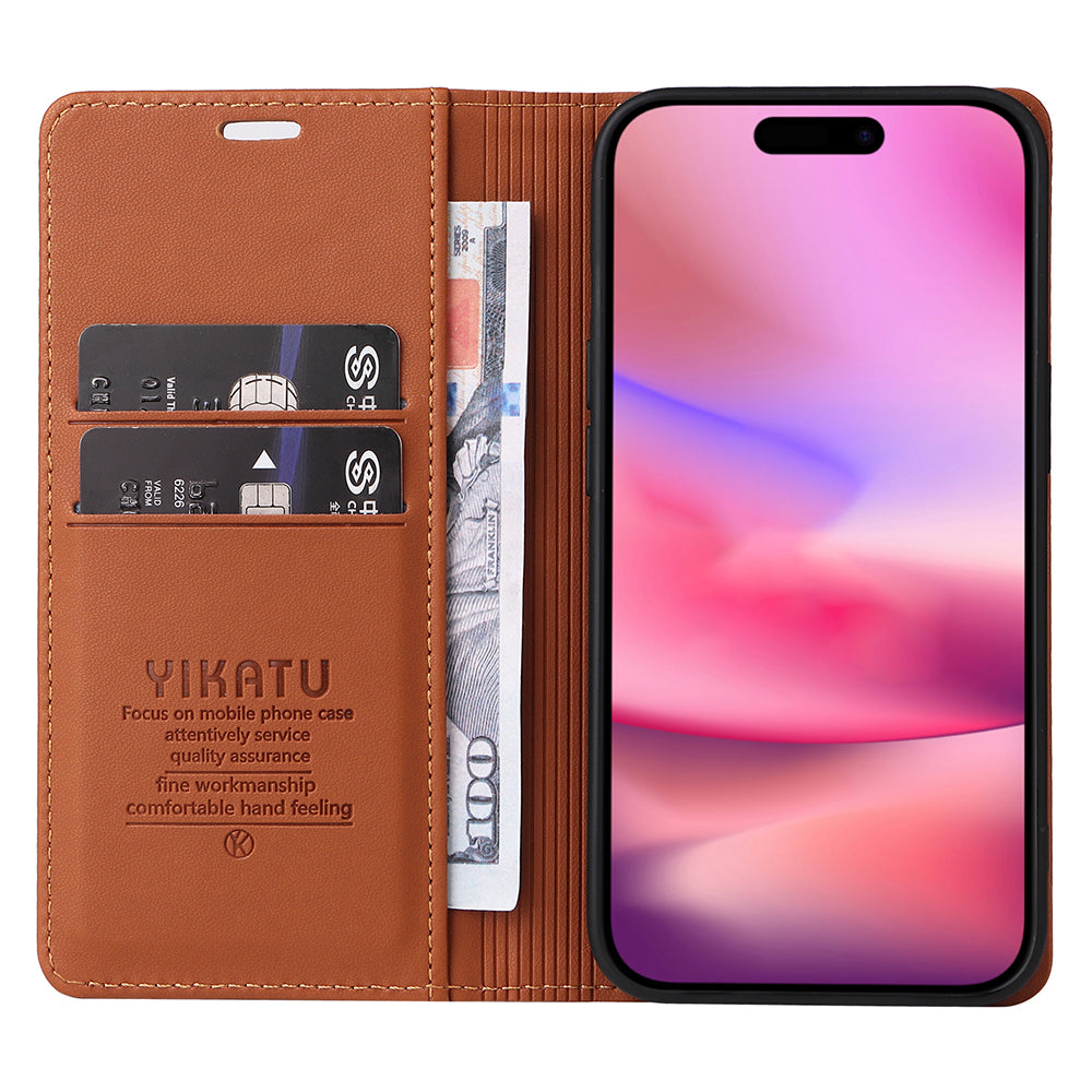 YIKATU YK-001 For iPhone 16 Case PU Leather Stand Wallet Protective Phone Cover - Brown