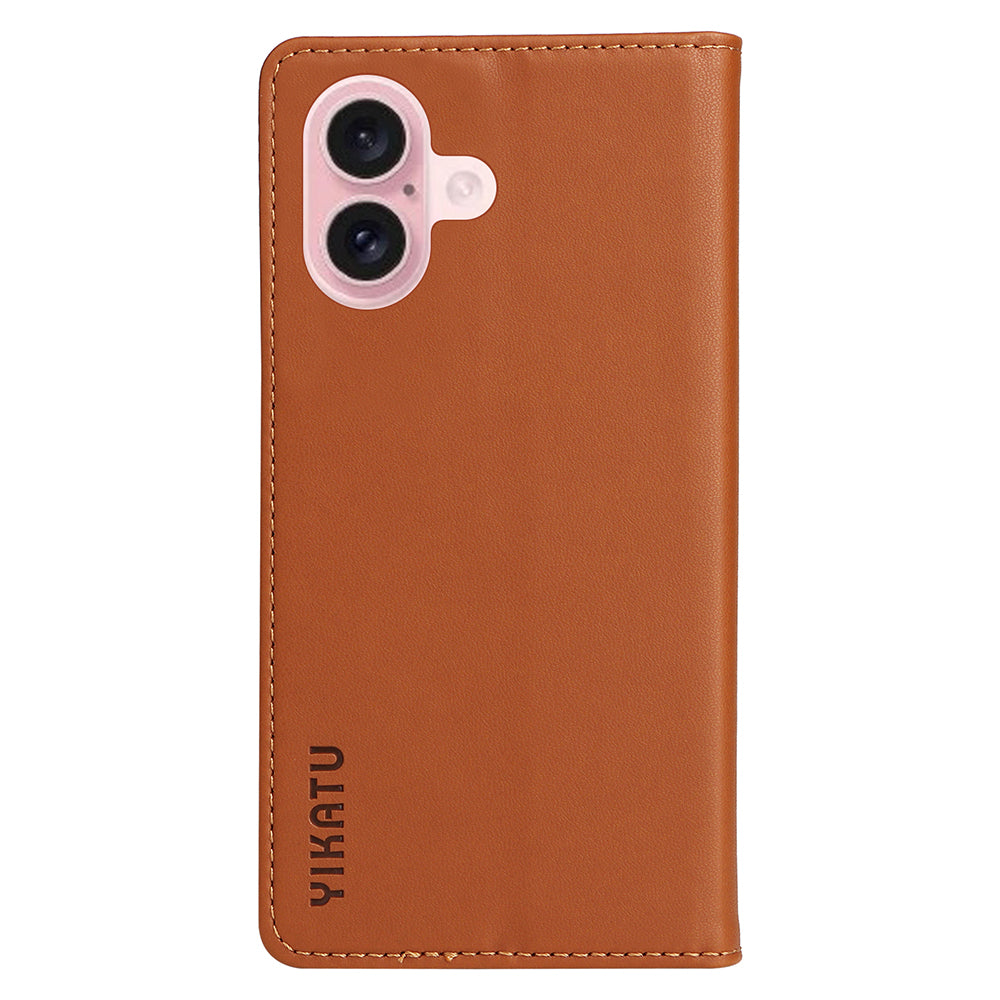 YIKATU YK-001 For iPhone 16 Case PU Leather Stand Wallet Protective Phone Cover - Brown