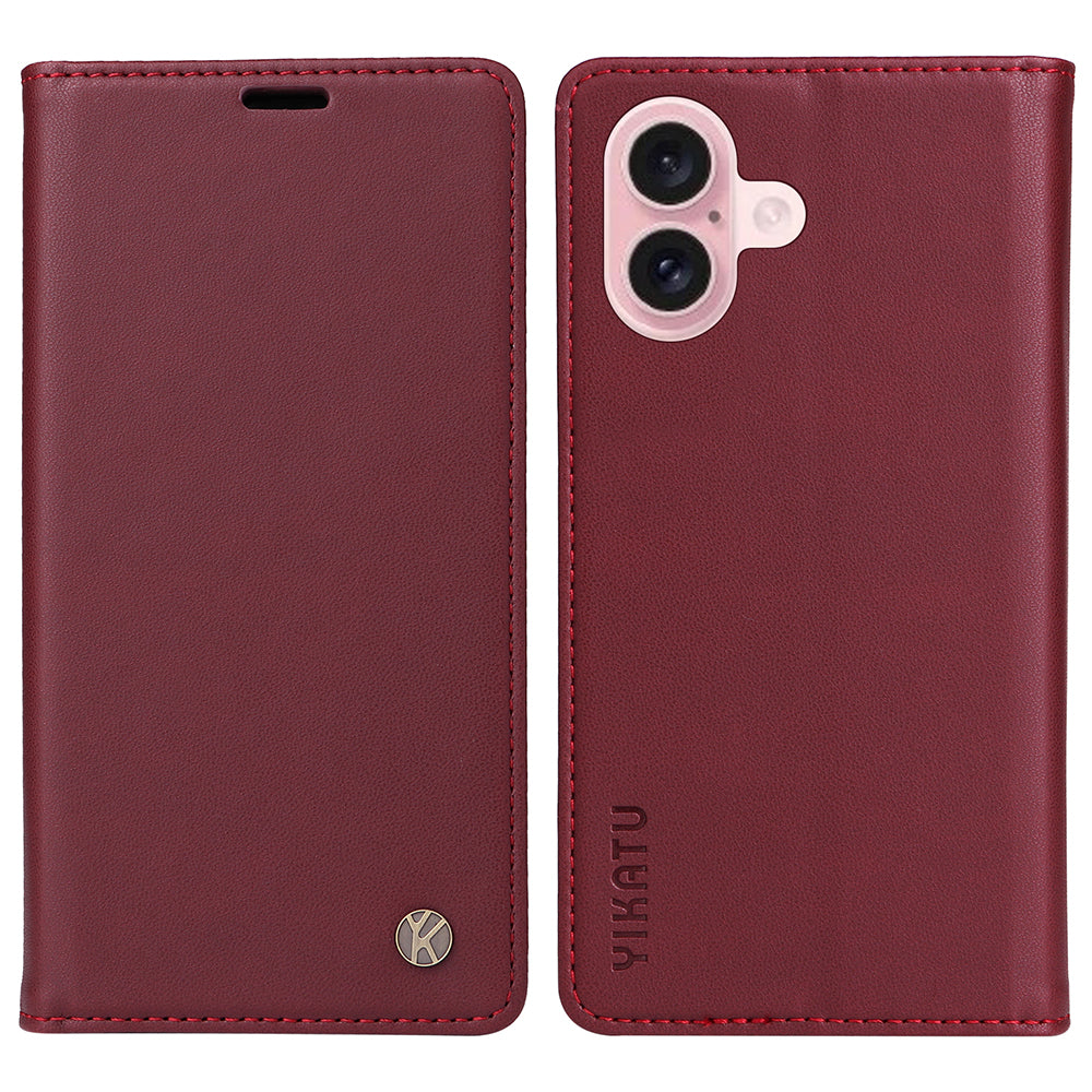 YIKATU YK-001 For iPhone 16 Case PU Leather Stand Wallet Protective Phone Cover - Wine Red