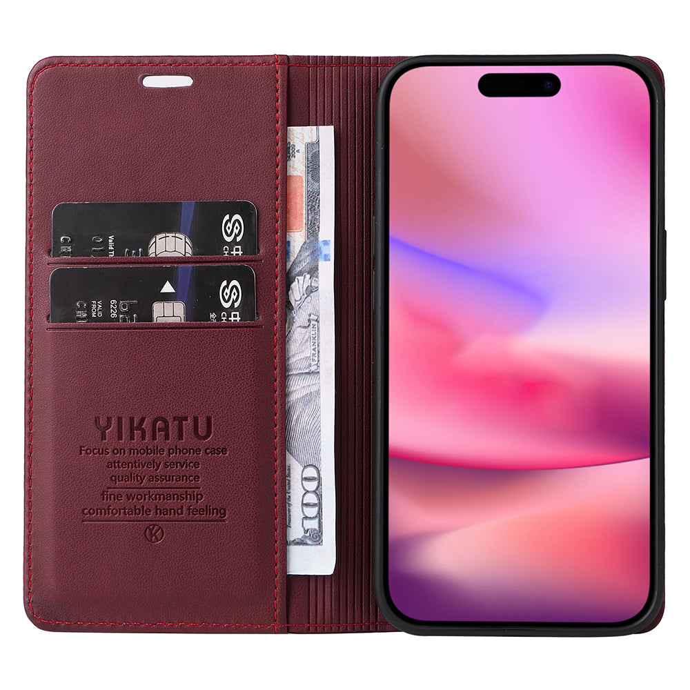 YIKATU YK-001 For iPhone 16 Case PU Leather Stand Wallet Protective Phone Cover - Wine Red