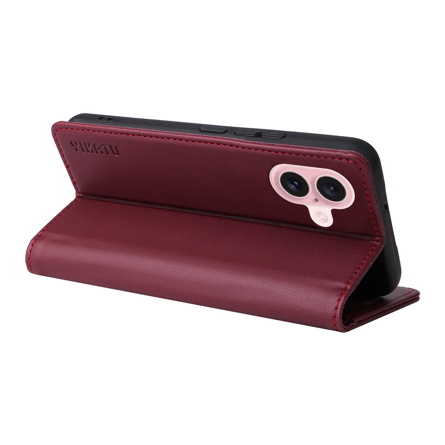 YIKATU YK-001 For iPhone 16 Case PU Leather Stand Wallet Protective Phone Cover - Wine Red