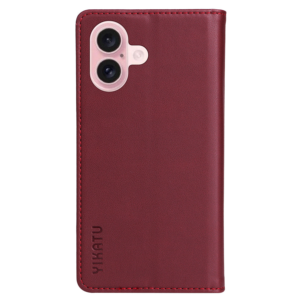 YIKATU YK-001 For iPhone 16 Case PU Leather Stand Wallet Protective Phone Cover - Wine Red