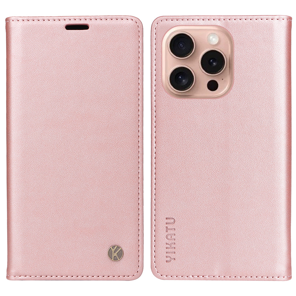 YIKATU YK-001 For iPhone 16 Pro Protective Case PU Leather Stand Wallet Phone Cover - Rose Gold