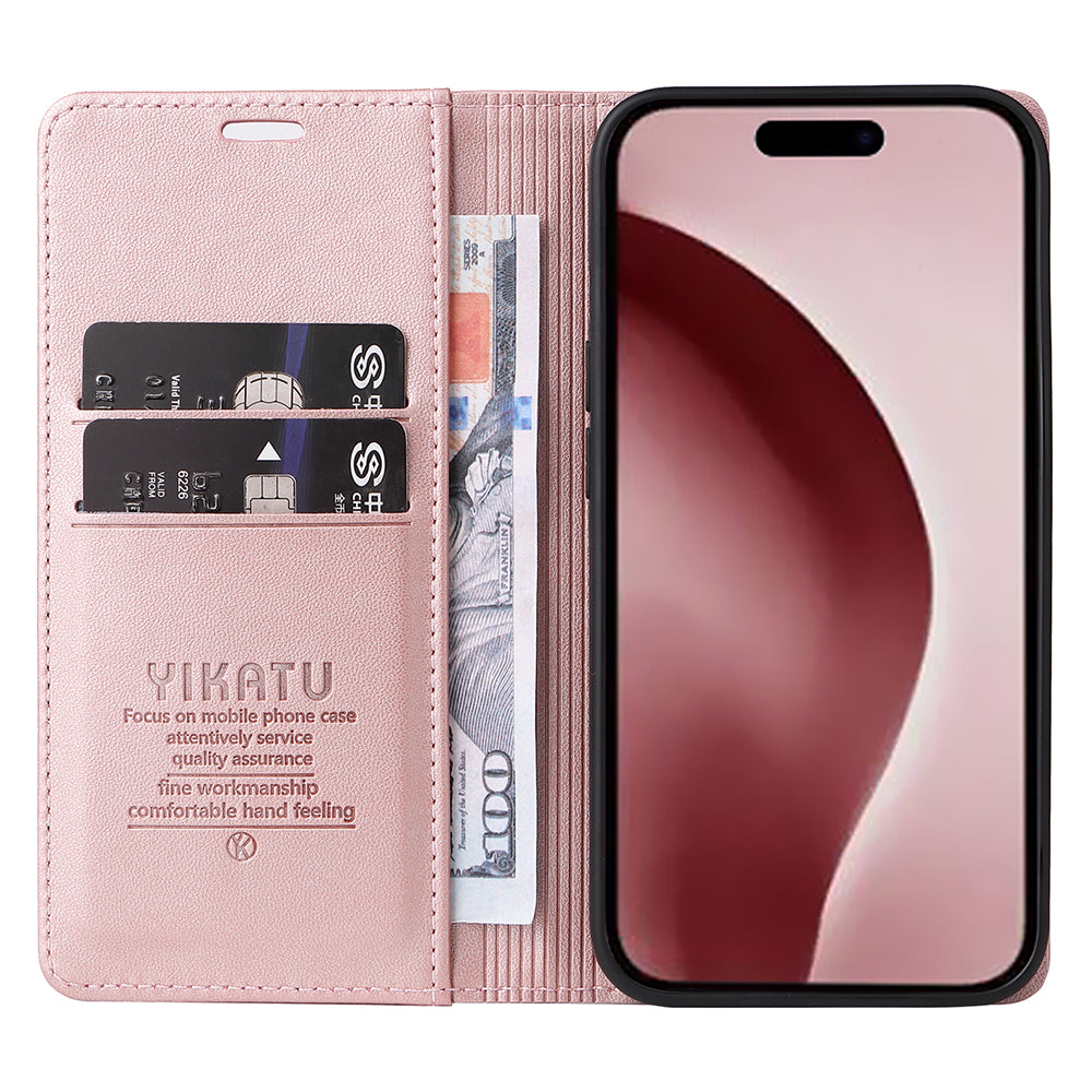 YIKATU YK-001 For iPhone 16 Pro Protective Case PU Leather Stand Wallet Phone Cover - Rose Gold