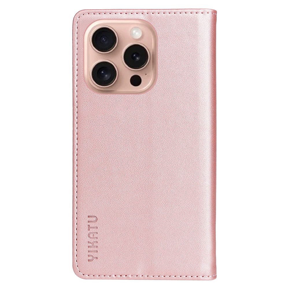 YIKATU YK-001 For iPhone 16 Pro Protective Case PU Leather Stand Wallet Phone Cover - Rose Gold