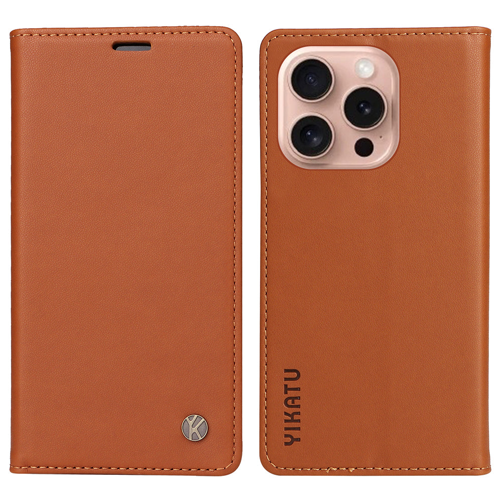 YIKATU YK-001 For iPhone 16 Pro Protective Case PU Leather Stand Wallet Phone Cover - Brown