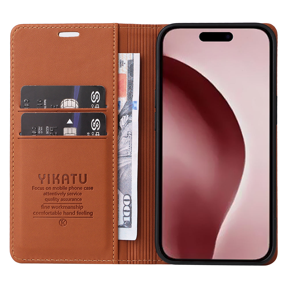 YIKATU YK-001 For iPhone 16 Pro Protective Case PU Leather Stand Wallet Phone Cover - Brown