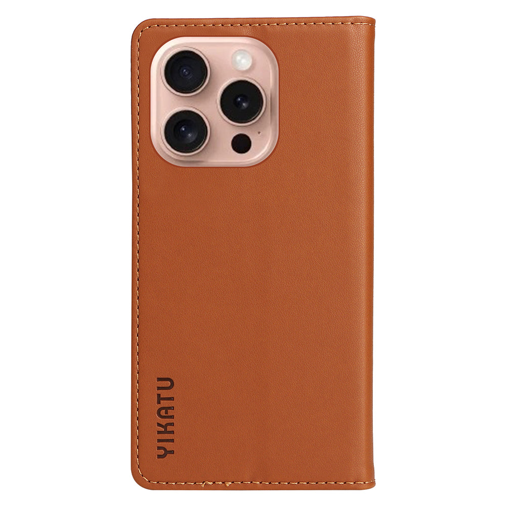 YIKATU YK-001 For iPhone 16 Pro Protective Case PU Leather Stand Wallet Phone Cover - Brown