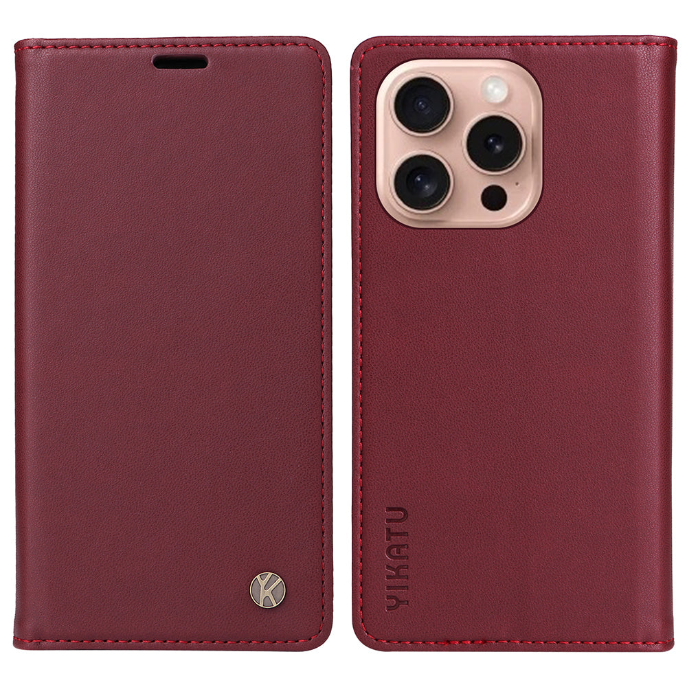 YIKATU YK-001 For iPhone 16 Pro Protective Case PU Leather Stand Wallet Phone Cover - Wine Red