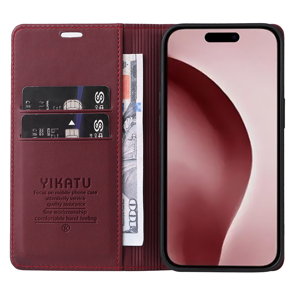 YIKATU YK-001 For iPhone 16 Pro Protective Case PU Leather Stand Wallet Phone Cover - Wine Red