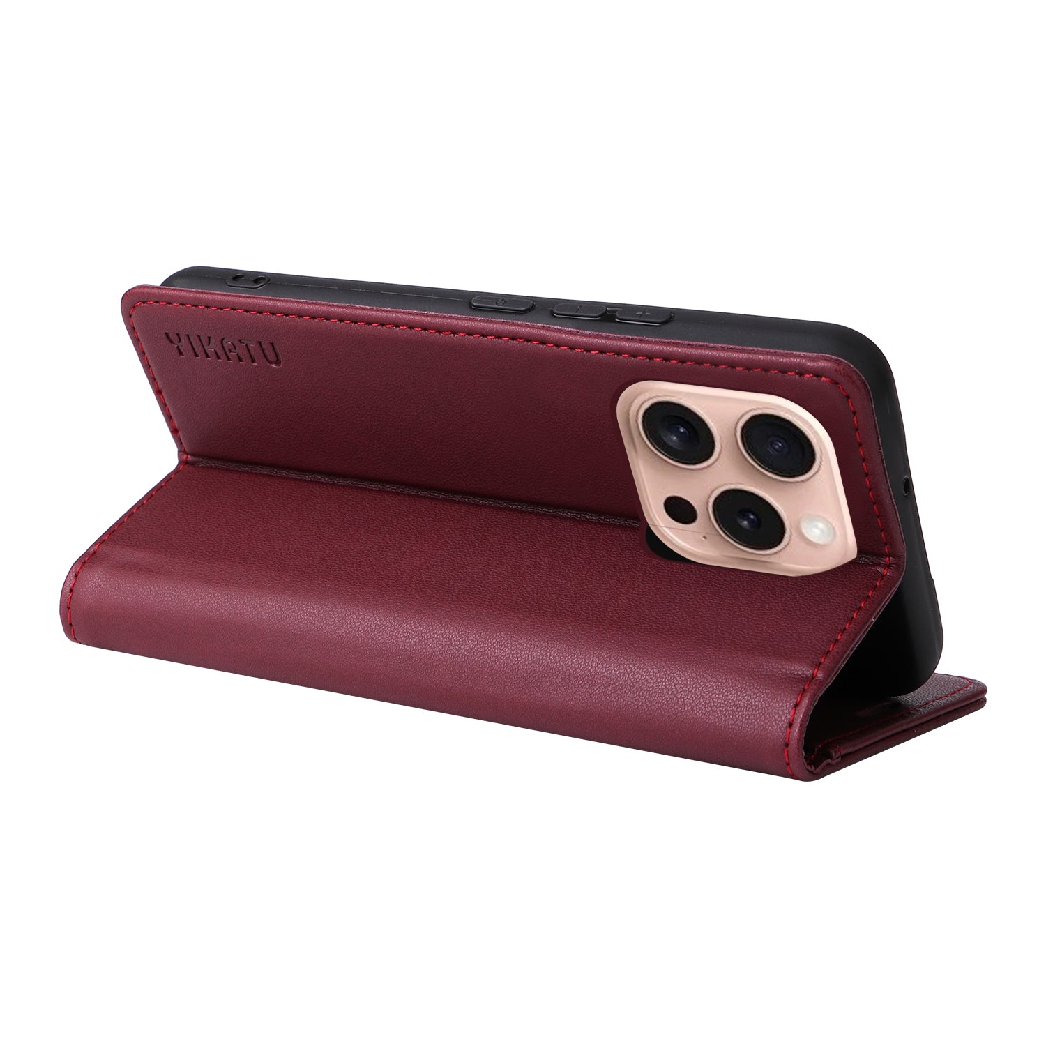 YIKATU YK-001 For iPhone 16 Pro Protective Case PU Leather Stand Wallet Phone Cover - Wine Red