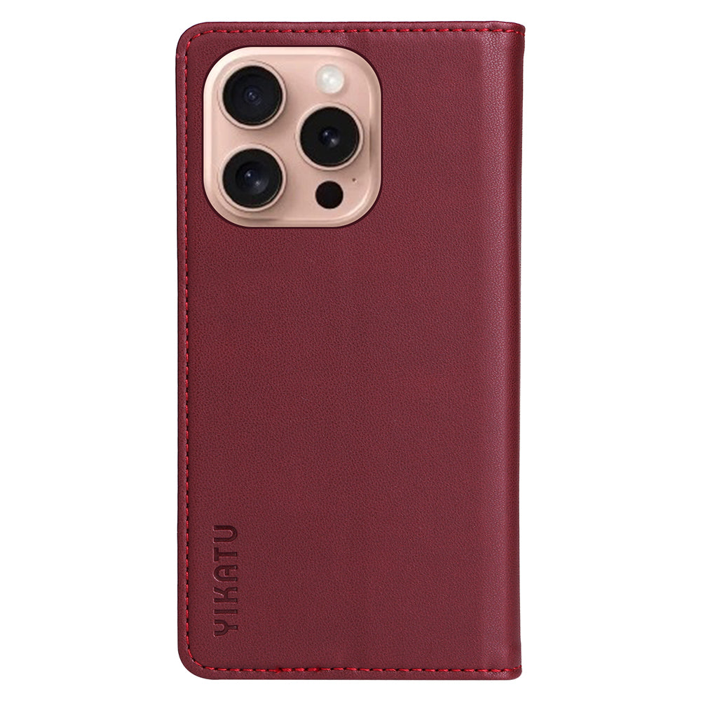 YIKATU YK-001 For iPhone 16 Pro Protective Case PU Leather Stand Wallet Phone Cover - Wine Red