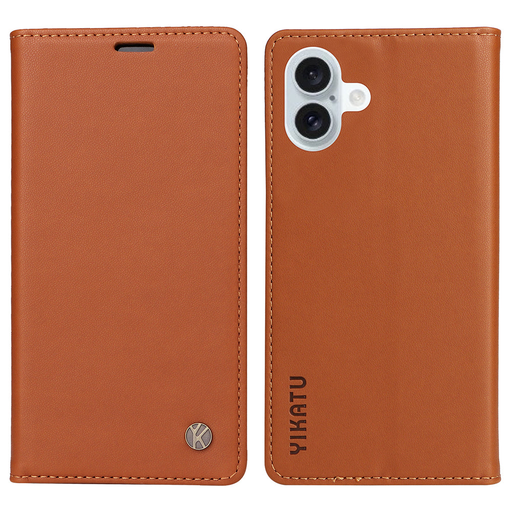 YIKATU YK-001 For iPhone 16 Plus Case Magnetic Closing Leather Phone Cover - Brown