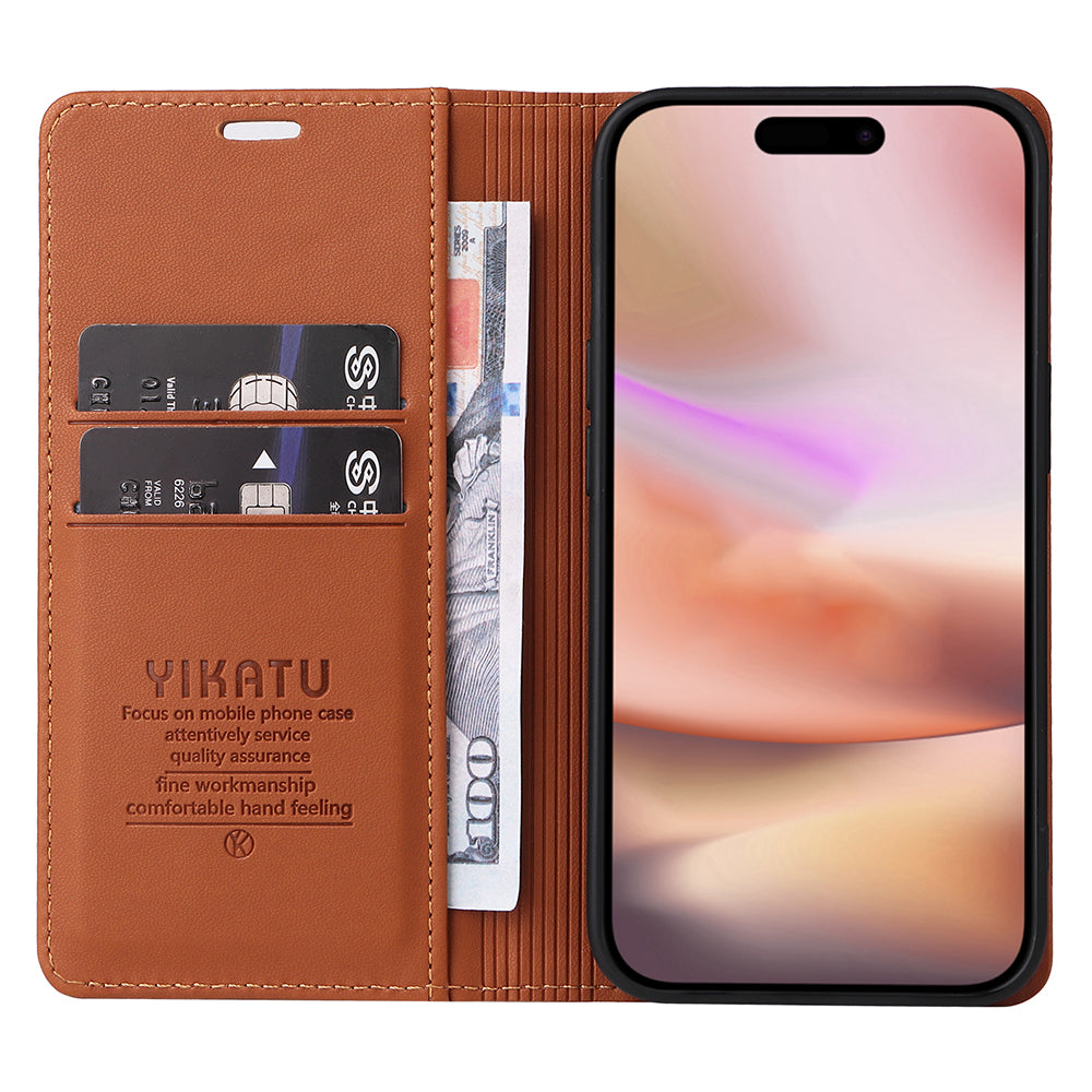 YIKATU YK-001 For iPhone 16 Plus Case Magnetic Closing Leather Phone Cover - Brown