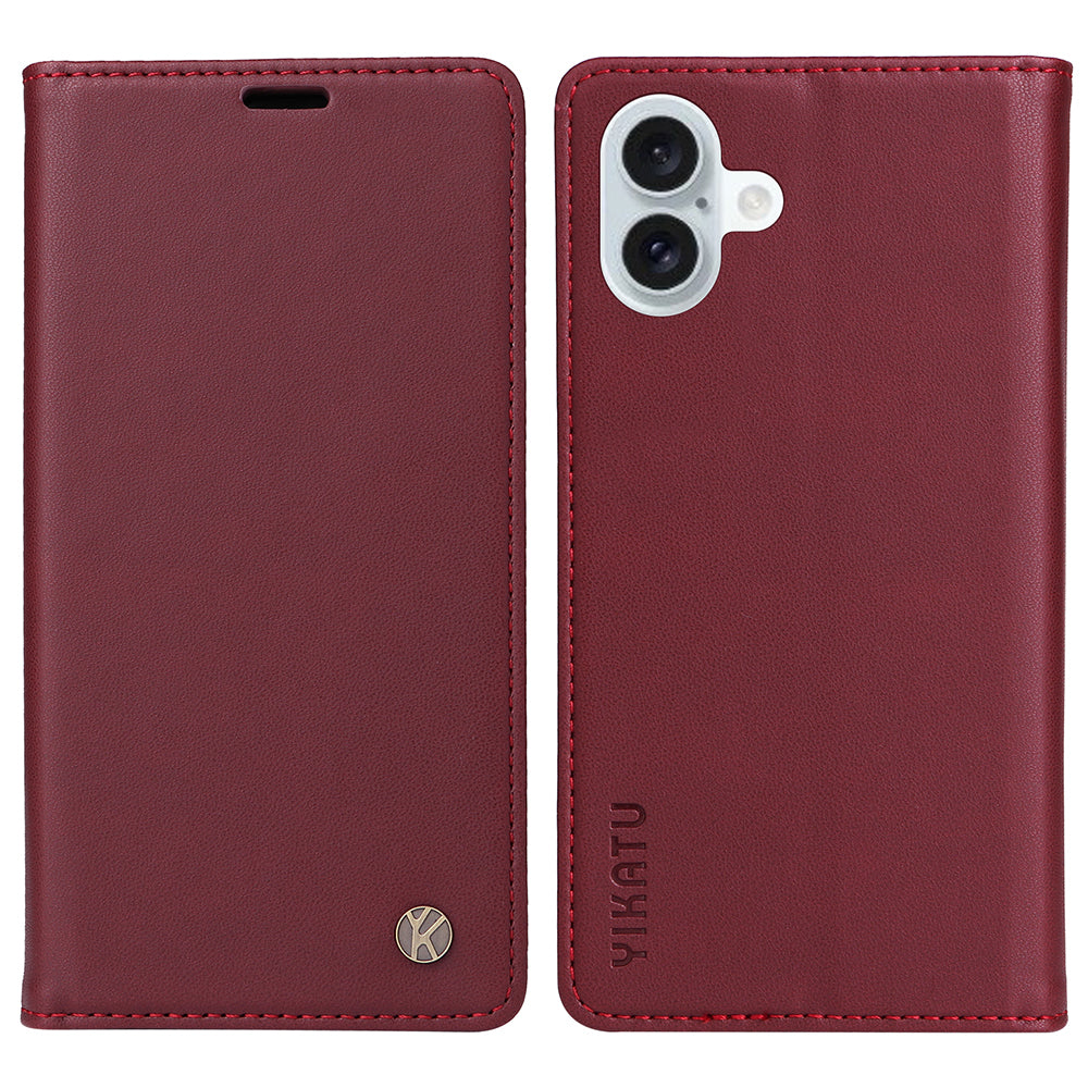 YIKATU YK-001 For iPhone 16 Plus Case Magnetic Closing Leather Phone Cover - Wine Red