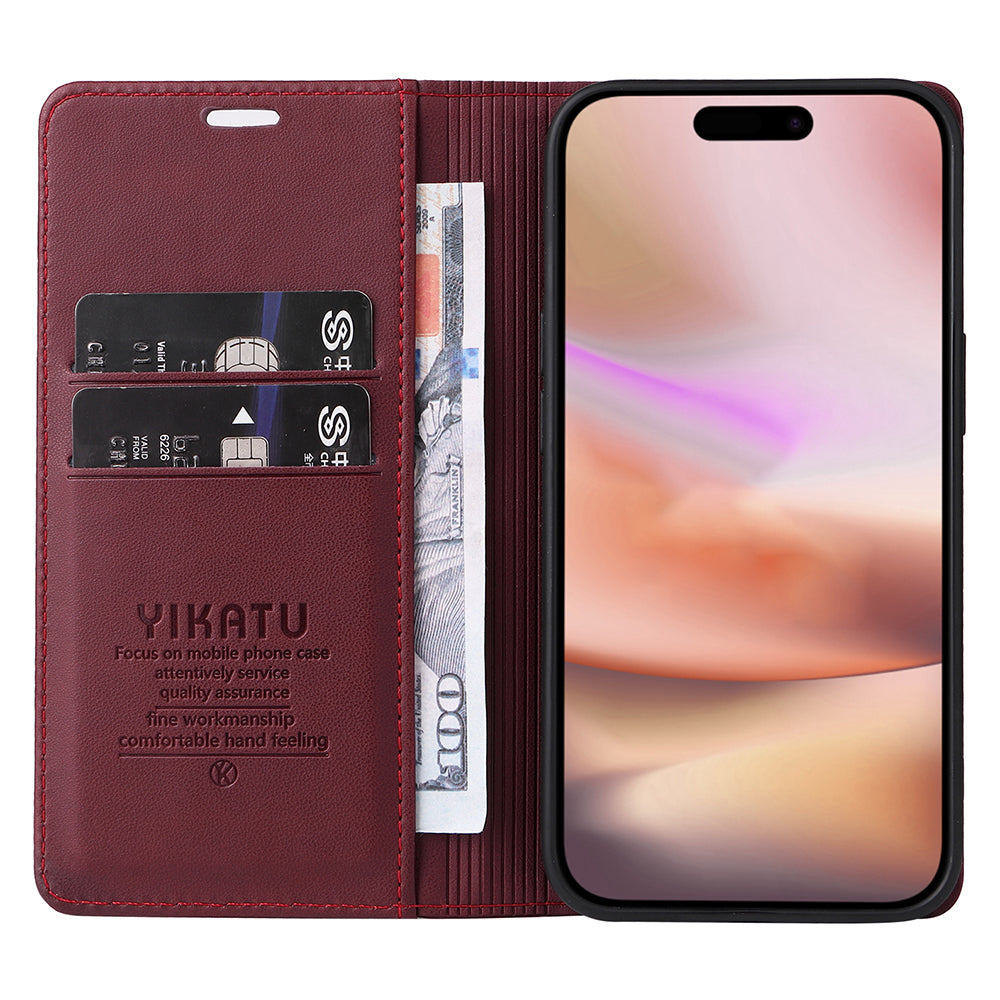 YIKATU YK-001 For iPhone 16 Plus Case Magnetic Closing Leather Phone Cover - Wine Red