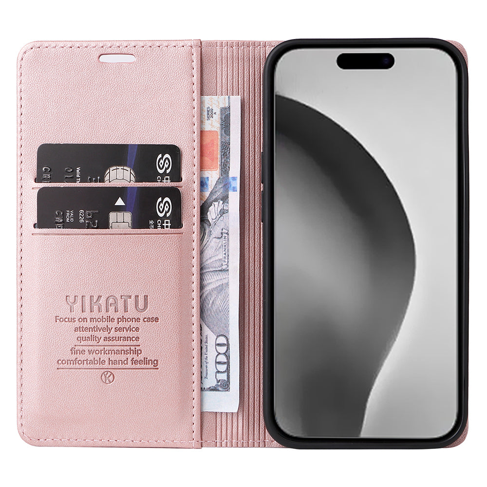 YIKATU YK-001 For iPhone 16 Pro Max Stand Case PU Leather Wallet Phone Cover - Rose Gold