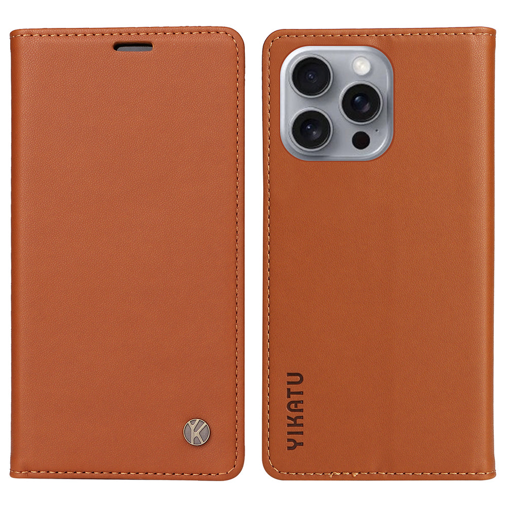 YIKATU YK-001 For iPhone 16 Pro Max Stand Case PU Leather Wallet Phone Cover - Brown