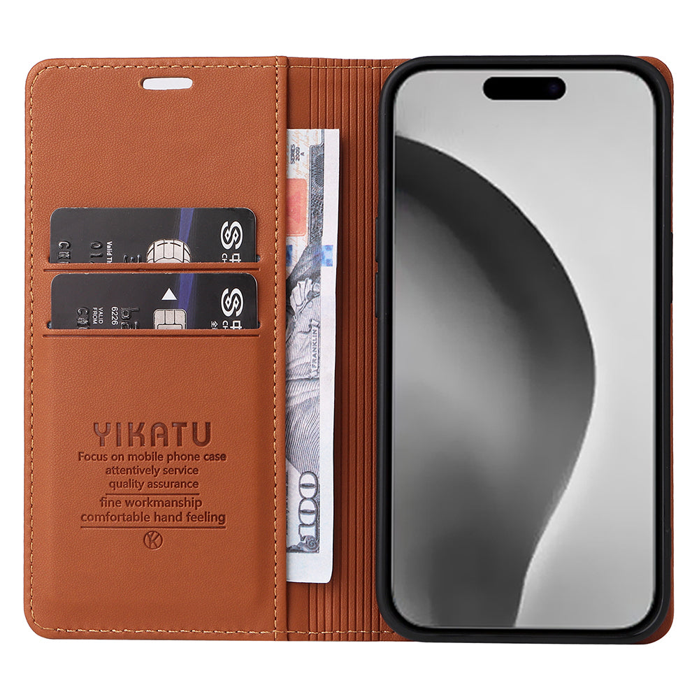 YIKATU YK-001 For iPhone 16 Pro Max Stand Case PU Leather Wallet Phone Cover - Brown