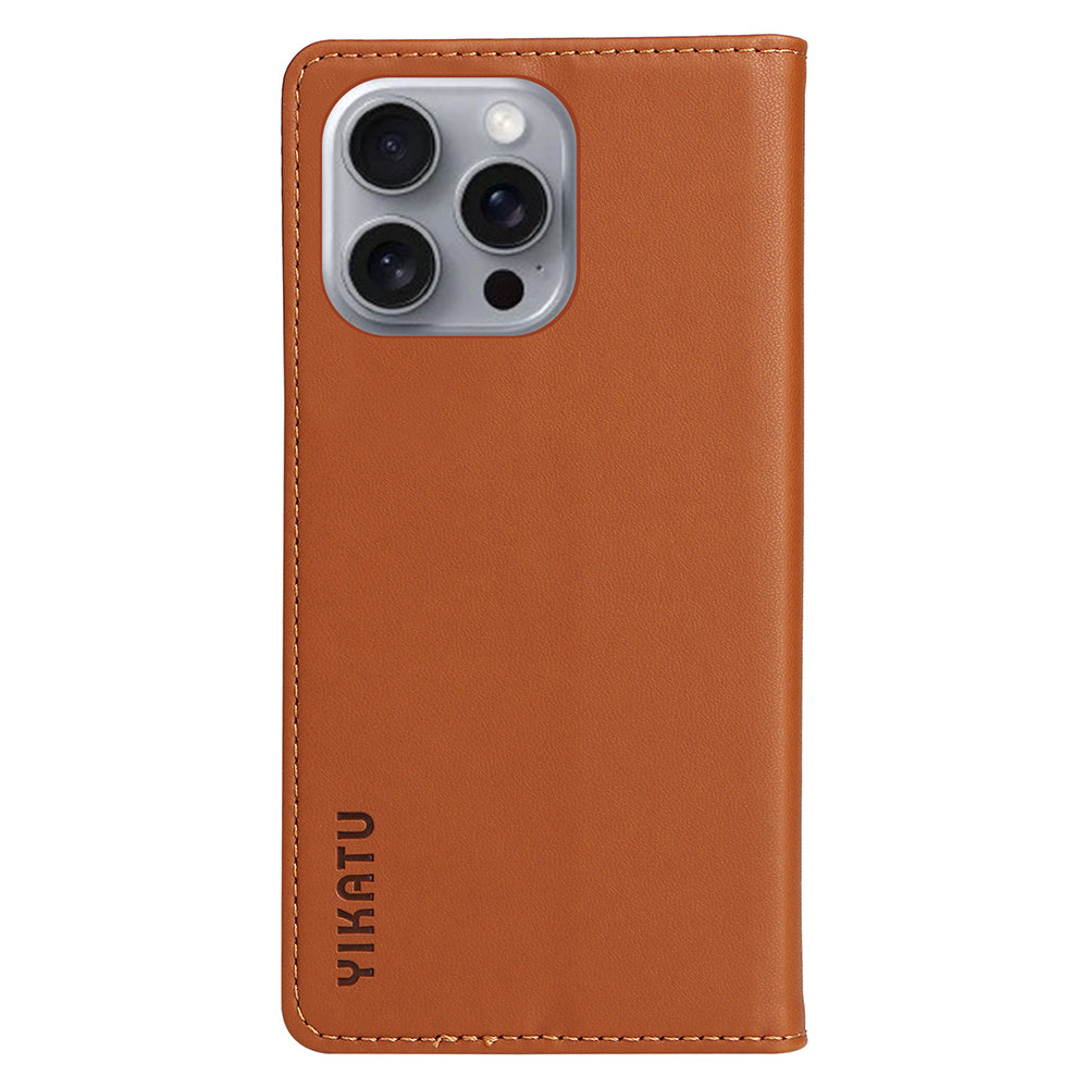 YIKATU YK-001 For iPhone 16 Pro Max Stand Case PU Leather Wallet Phone Cover - Brown