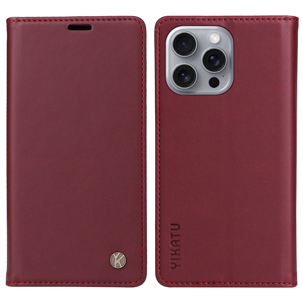 YIKATU YK-001 For iPhone 16 Pro Max Stand Case PU Leather Wallet Phone Cover - Wine Red