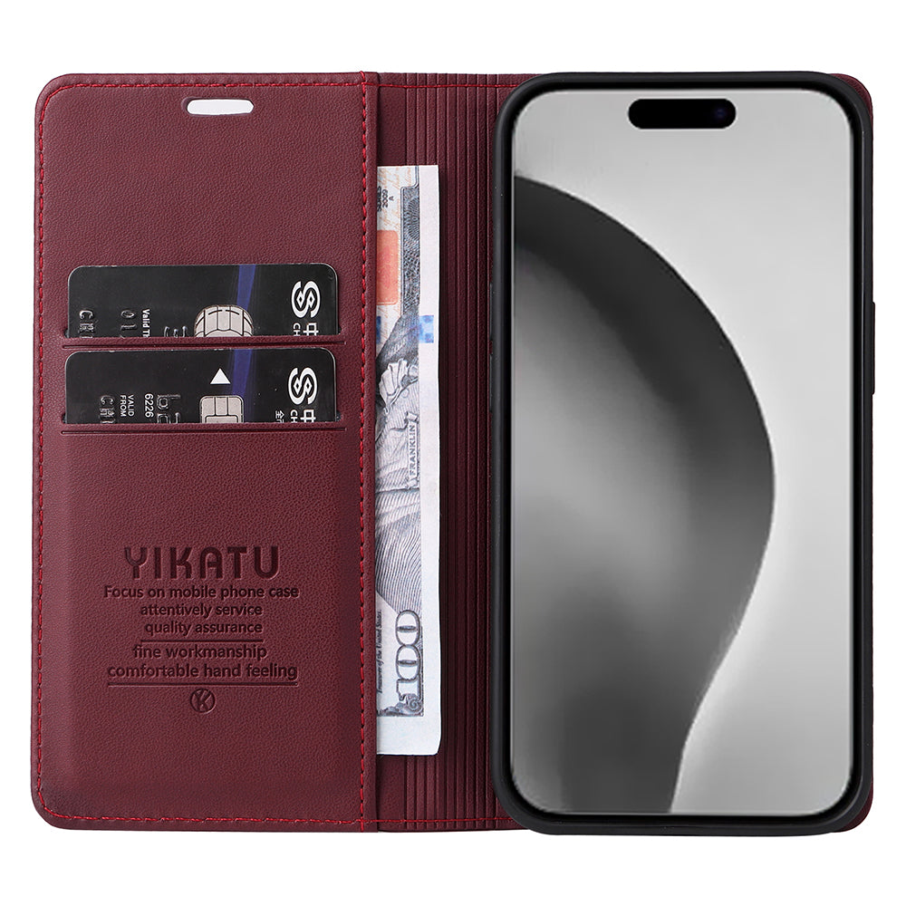 YIKATU YK-001 For iPhone 16 Pro Max Stand Case PU Leather Wallet Phone Cover - Wine Red