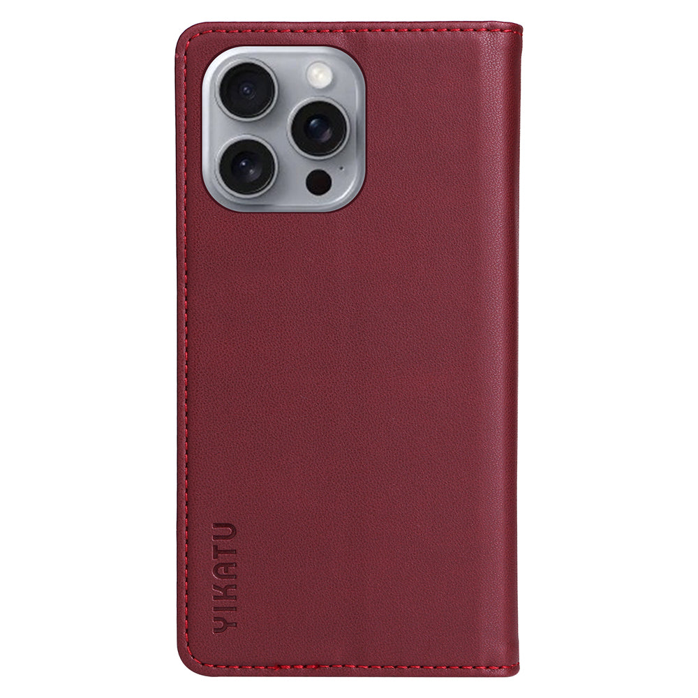 YIKATU YK-001 For iPhone 16 Pro Max Stand Case PU Leather Wallet Phone Cover - Wine Red