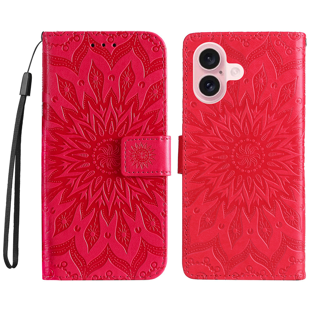 KT Imprinting Flower Series-1 For iPhone 16 Wallet Case Imprint PU Leather Card Slots Cover - Red