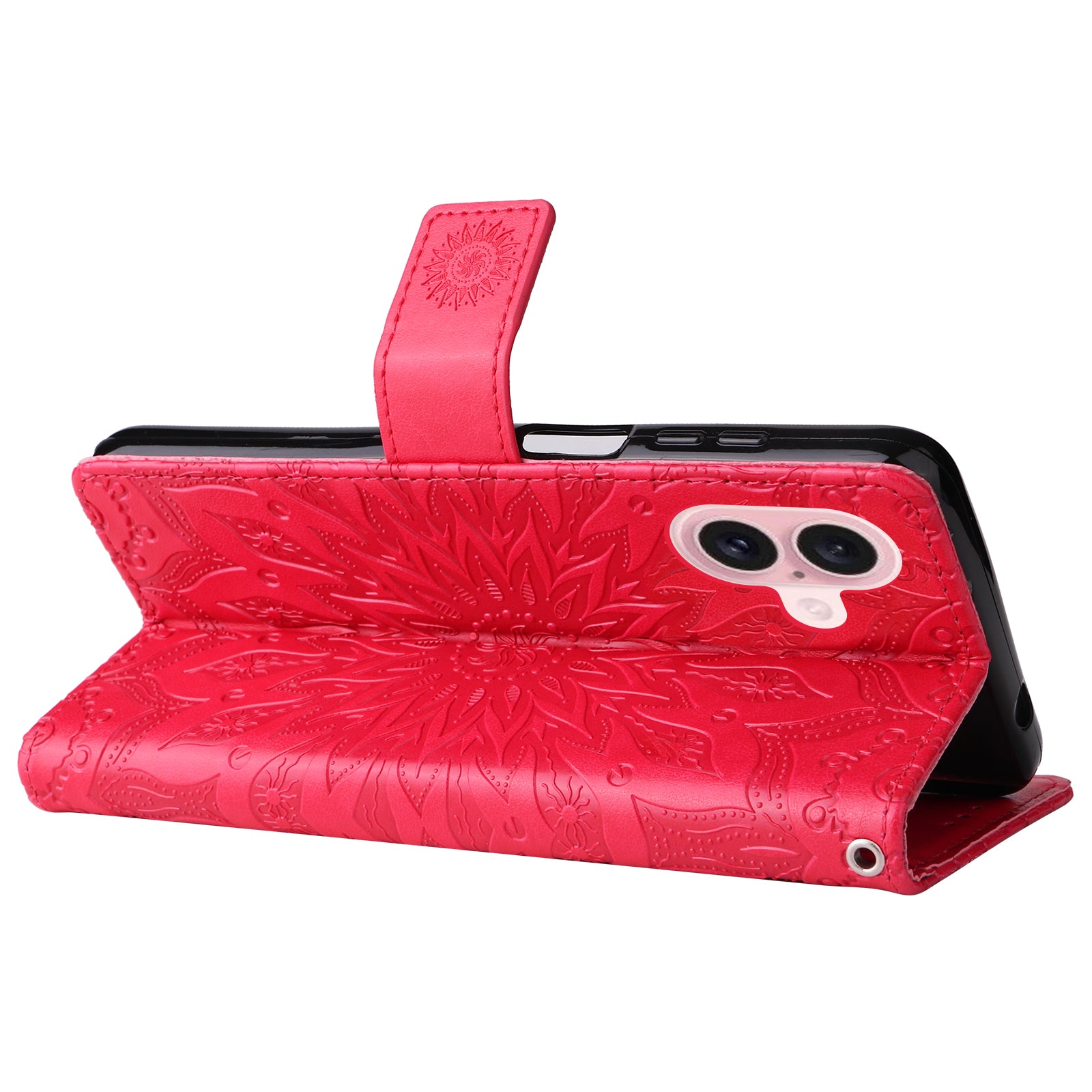 KT Imprinting Flower Series-1 For iPhone 16 Wallet Case Imprint PU Leather Card Slots Cover - Red