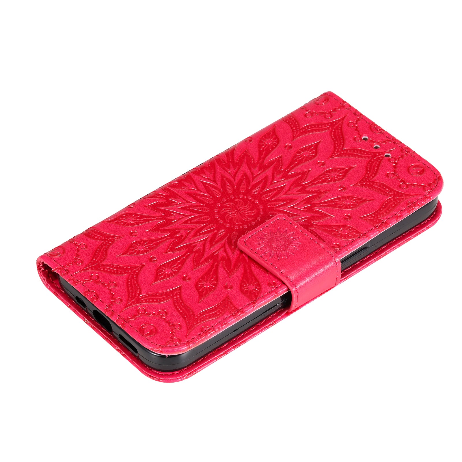 KT Imprinting Flower Series-1 For iPhone 16 Wallet Case Imprint PU Leather Card Slots Cover - Red