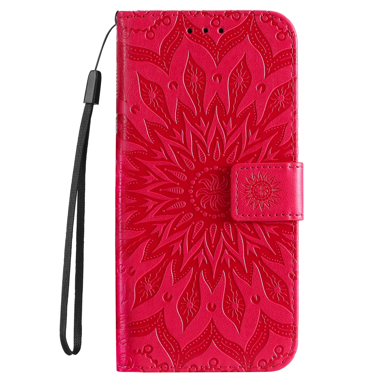 KT Imprinting Flower Series-1 For iPhone 16 Wallet Case Imprint PU Leather Card Slots Cover - Red