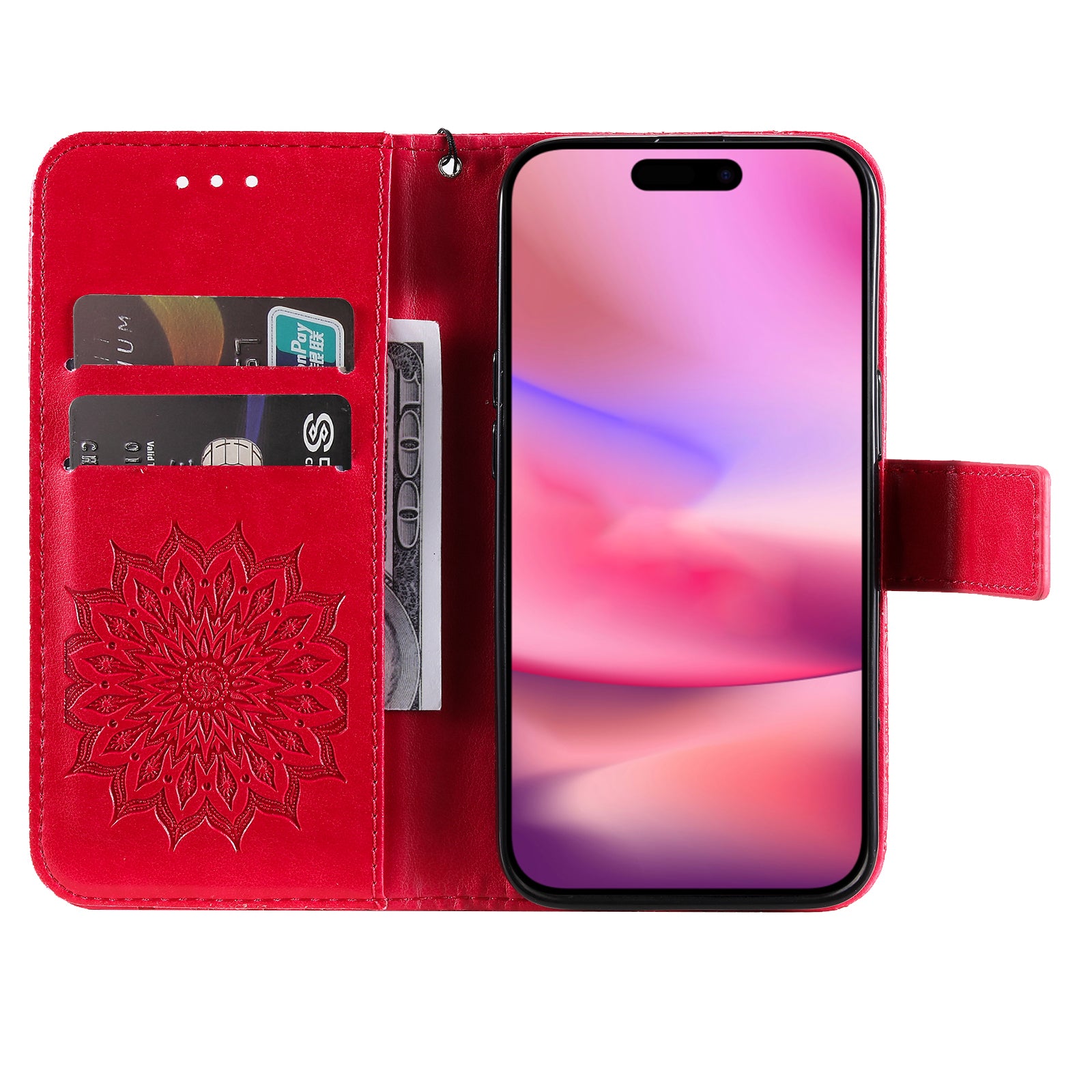 KT Imprinting Flower Series-1 For iPhone 16 Plus Case PU Leather Wallet Card Slots Cover - Red